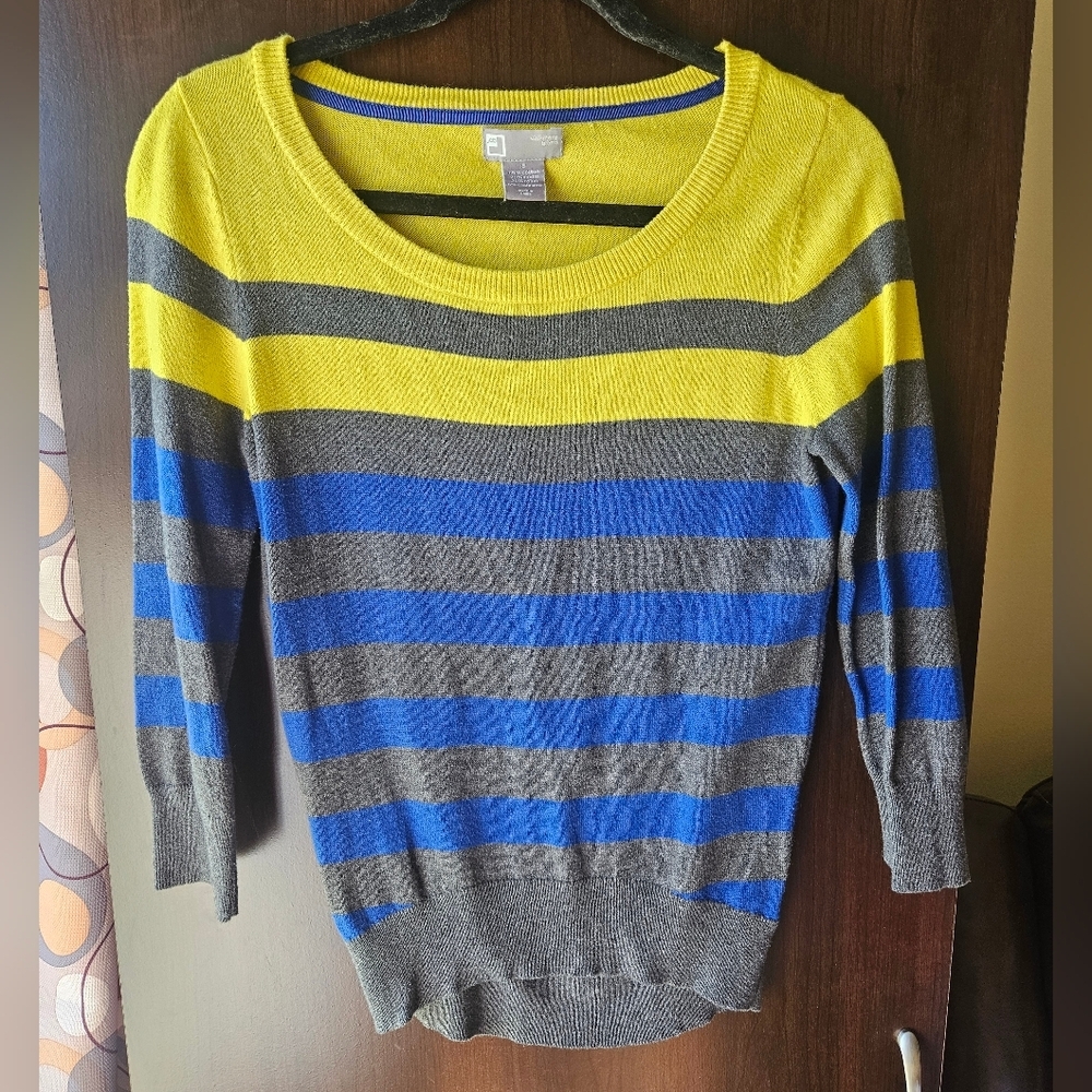 JCP Cashmere Blend Striped Gray, Blue, and Yellow Sweater